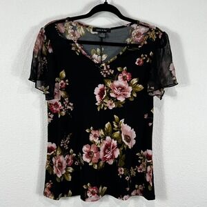 Adele &‎ May Floral Blouse Women's S Short Sheer Sleeve Gold Chain Link Collar